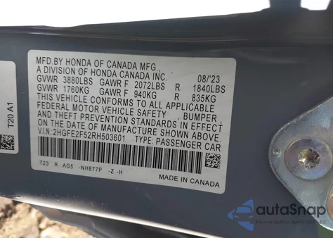 2024 Honda Civic Sport from USA, damaged, VIN 2HGFE2F52RH503601